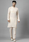 Pin Tucked Cotton Muslin Kurta Set in Off White
