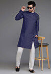 Pintucked Art Silk Kurta Set in Navy Blue