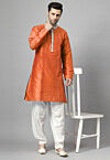Pintucked Art Silk Kurta Set in Rust
