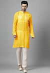 Pintucked Muslin Cotton Kurta Set in Yellow