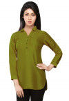 Pintucks Cotton Silk Kurti in Olive Green