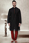 Plain Dupion Silk Kurta Set in Black