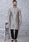 Plain Dupion Silk Kurta Set in Grey
