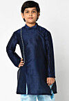 Plain Dupion Silk Kurta in Navy Blue