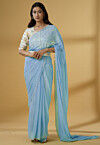 Pre Stitched Georgette Scalloped Saree in Dusty Blue