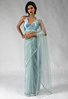 Pre Stitched Net Saree in Light Blue