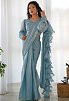 Pre Stitched Organza Saree in Sky Blue
