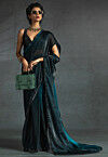 Pre-stitched Chiffon Shimmer Saree in Shaded Teal Blue and Black