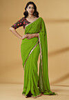 Pre-stitched Georgette Scalloped Saree in Light Green