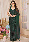Pre-stitched Georgette Shimmer Saree in Dark Green