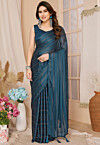 Pre-stitched Georgette Shimmer Saree in Teal Blue