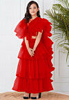 Pre-Stitched Organza Tiered Saree in Red