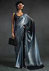 Pre-stitched Satin Chiffon Shimmer Saree in Light Blue