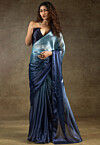 Pre-stitched Satin Chiffon Shimmer Saree in Ombre Blue