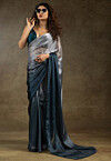 Pre-stitched Satin Chiffon Shimmer Saree in Shaded Grey and Blue