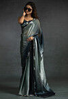 Pre-stitched Satin Chiffon Shimmer Saree in Shaded Light Grey and Blue