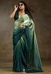 Pre-stitched Satin Chiffon Shimmer Saree in Pastel Green and Teal Blue