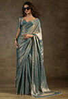 Pre-stitched Tissue Scalloped Saree in Teal Blue