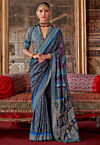 Printed Art Silk Saree in Dark Blue