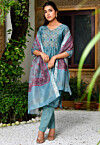 Printed Chanderi Silk Pakistani Suit in Light Teal Blue