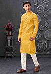 Printed Cotton Jacquard Kurta Set in Mustard