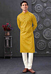 Printed Cotton Jacquard Kurta Set in Mustard