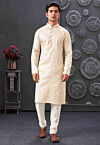 Printed Cotton Jacquard Kurta Set in Off White