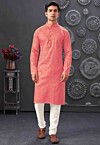 Printed Cotton Jacquard Kurta Set in Peach
