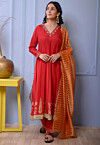 Printed Cotton Silk Anarkali Suit in Red