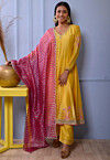 Printed Cotton Silk Anarkali Suit in Yellow
