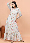 Printed Linen Cotton A Line Dress in Light Grey