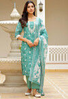 Printed Linen Cotton Pakistani Suit in Sea Green