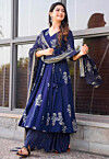 Printed Muslin Cotton Pakistani Suit in Navy Blue