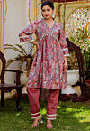 Printed Muslin Silk Aline Kurta Set in Brown
