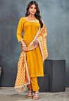 Printed Neckline Rayon Pakistani Suit in Yellow