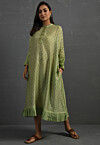 Printed Pure Chanderi Silk Aline Dress in Green