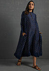 Printed Pure Chanderi Silk Aline Dress in Navy Blue
