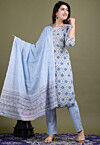 Printed Pure Cotton Pakistani Suit in Off White and Blue