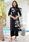 Printed Pure Cotton Straight Kurta Set in Black