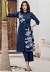 Printed Pure Cotton Straight Kurta Set in Navy Blue