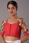 Printed Sleeve Art Silk Blouse in Red