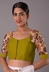 Printed Sleeve Cotton Silk and Art Silk Blouse in Olive Green and Beige