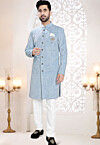 Printed Velvet Sherwani in Sky Blue
