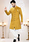 Printed Velvet Sherwani in Yellow