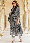 Printed Viscose Rayon A Line Suit in Black : KXN34