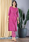 Printed Viscose Rayon Straight Kurta Set in Fuchsia