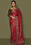 Pure Silk Embroidered Saree in Coral Red