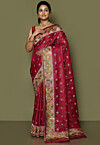 Pure Silk Embroidered Saree in Coral Red