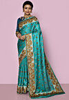 Pure Silk Embroidered Saree in Teal Blue