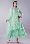 Ruffled Art Silk Asymmetric Punjabi Suit in Pastel Green